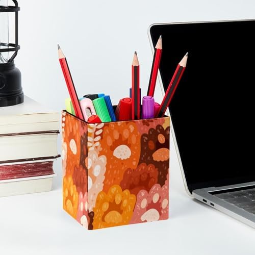 Colorful Pet Paws Pen Holder for Desk Decor, Rectangular PVC Leather Pencil Cup for Desk Pen Organizer, Makeup Brush Holder for School, Home, Office