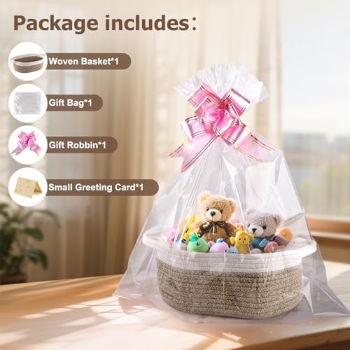 Small Woven Basket, 12" x 8" x 5" Gift Basket Empty with Ribbon and Gift Bag, Rope Basket for Baby Shower, Holiday Presents,Storage Basket with Handle for Nursery,Pet Toy Basket (White-Brown)
