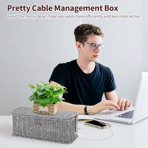 Cable Management Box, Desk Handwoven Rattan Cord Hider Cable Organizer Box With Lid Button Lock, Power Strip Cover Wicker Decorative Basket, Floor Wire Hiding Extension Cord Box (grey)