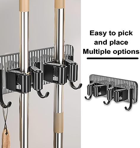 Mop Broom Holder,Wall Mount Wood Broom Mop Hanger, Racks Stainless Steel, Wall Mount Metal Organization,Heavy Duty Hooks Self Adhesive for Daily Household Cleaning Supplies Placement & Storage Grey