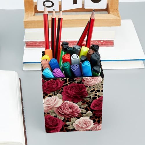 Leopard Print and Roses Pen Holder for Desk Decor, Rectangular PVC Leather Pencil Cup for Desk Pen Organizer, Makeup Brush Holder for School, Home, Office