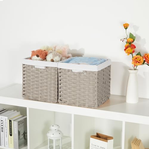 Bidtakay Wicker Baskets for Shelves Waterproof Imitation Wicker Cube Storage Bins with Liners for Organizing Closet Cabinet 2-Pack 11x11 inch Storage Cube Organizer for Pantry-Greyish Beige