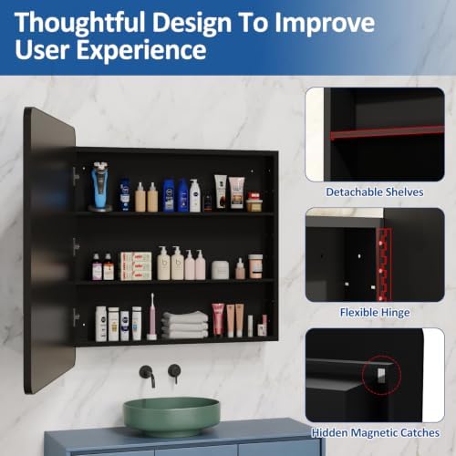 ACEMIRO 30x32 Inch Bathroom Medicine Cabinet with Mirror Black Metal Framed Mirror Cabinet Recessed or Surface Wall Mounted Medicine Cabinets for Bathroom
