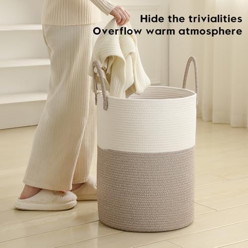 Laundry Basket Hamper Tall Rope Storage Woven for Blanket toys Dirty Clothes in Living Room Bathroom Bedroom (White&Brown, 100L/26.4Gal)
