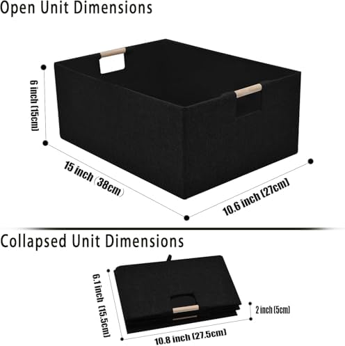 xianshengle Fabric Storage Basket for Shelves, Collapsible Storage Bins with wood Handles, Rectangle Closet Baskets, Wardrobe Organiser, for Sorting Clothes, Family Items (Black) (2)