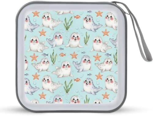 Protective CD Case 40 Capacity Blue Manatee Disc Holder Storage Binder | DVD Organizer Wallet, Blue Cute Manatee Animals, Sturdy Portable for Movie Music Game Disc
