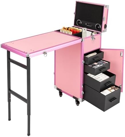 Professional Cosmetic Trolley Storage Organizer, Foldable Nail Tables w/ 4 Drawers Mirror&Speaker for Hair Stylists Pet Groomers Makeup Artists Technician Workstation Salon