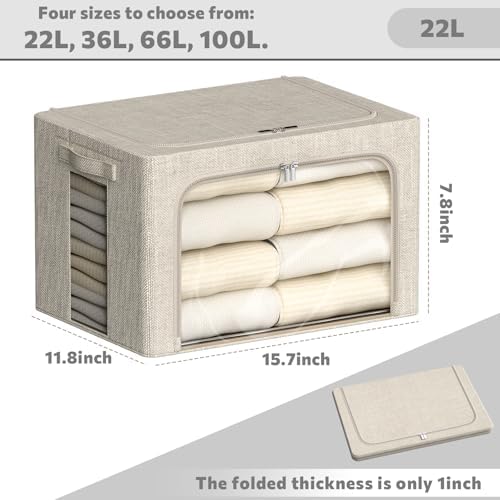 FHSQX 6 Pack Clothes Storage Bins with Metal Frame,Beige, 22L