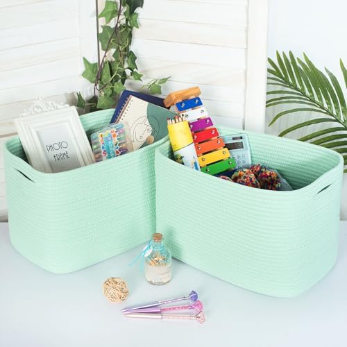 MINTWOOD Design 3-Pack Decorative Woven Storage Baskets for Shelves, Cube Bin Box for Organizing Books, Shoes, Dog Toys, Pantry Closet and Living Room Organizer, Mint