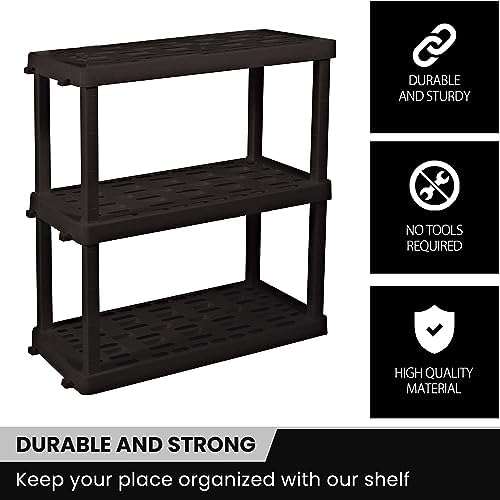 Oskar Heavy Duty Plastic Storage Shelves- for Garage, Kitchen, Bathroom Basement Kids Room, Stackable 3-Tier Black Organizer Rack for Books Shoes, Toys, Pantry, Cleaning and Closet Organization