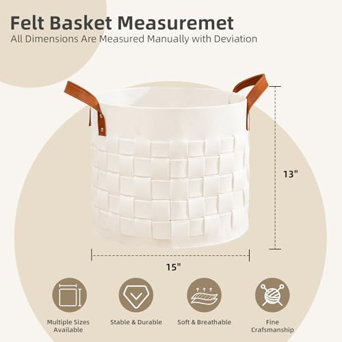 BOLDMONKEY Blankets Basket 15" x15 " x13 " 2 Pack, Round Laundry Hamper with Leather Handle, Soft Dog Toy Basket for Storage-Beige