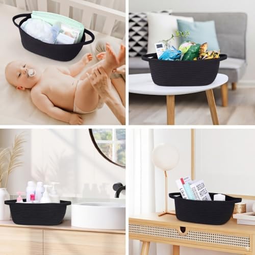 Gift Basket Empty with Handles, 12x8x5 inch - Small Woven Rope Basket for Man, Techer, Boys, Kids Toys, Bathroom - With Gift Bag & Ribbon, Perfect for Wedding, Birthday Gifting (Black, 1PC)