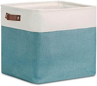 DULLEMELO Cube Basket for Storage, Collapsible Fabric Cube for Organizing, Storage Cube for Closet, Laundry, Nursery, Shelves, Decorative Basket for Gifts Empty (White&Teal)