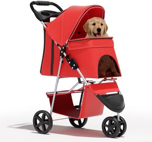 Foldable 3-Wheel Pet Stroller for Small/Medium Dogs & Cats, Red | Storage Basket & Cup Holder, Breathable Mesh Cover, Lightweight and Durable, for Small to Medium Pets, up to 33 lbs