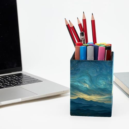 Mountain and Starry Sky Pen Holder for Desk Decor, Rectangular PVC Leather Pencil Cup for Desk Pen Organizer, Makeup Brush Holder for School, Home, Office