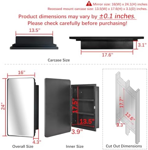 Plastic Black Medicine Cabinet 16x24 Beveled Mirror, Recessed/Surface Mount | Black Metal-Framed Bathroom Mirror Cabinet with 2 Adjustable Shelves, Reversible Door; Fully Assembled for Surface Mounting