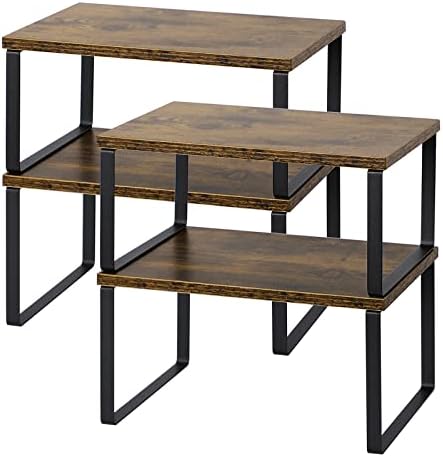 MOOACE Kitchen Counter Shelf, Stackable Cabinet Shelf Organizers Expandable Countertop Shelf for Pantry - Set of 4 - Brown | Stackable & Expandable Spice Rack, Space-Saving Pantry Organizers Bathroom Countertop Storage, Rustic Brown