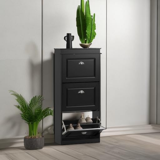 Haotian Shoe Cabinet with 3 Flip Drawers | Freestanding Shoe Rack for Entryway, Shoe Organizer with Hidden Drawer, Black, FSR94-SCH