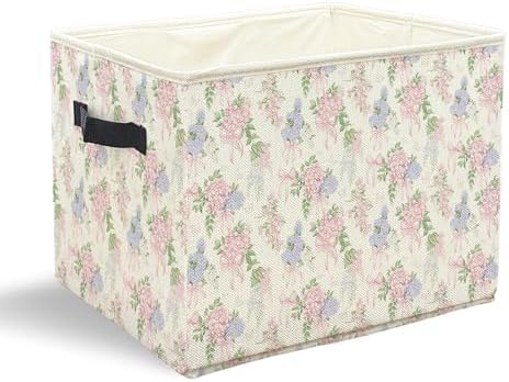 Pink and Blue Hydrangea Coquette Bow Storage Bins with Handles, Grandmillennial Hydrangea Floral Collapsible Laundry Basket Storage Box for Home Bedroom Bathroom Clothes Toys Books