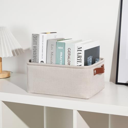 DULLEMELO Small Storage Basket for Shelves, Small Fabric Collapsible Rectangular Storage Bin for Shelves, Closets, Nursery, Home, Office, Empty Gift Basket (Beige)