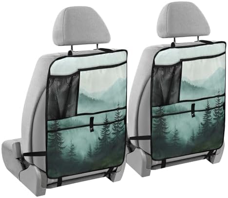 2 Pack Back Seat Car Organizer with Storage Pockets Kick Mats Back Seat Protector Hanging Car Organizer Automotive Seat Back Cover Organizers Green Mountains and Pine Trees