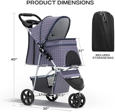 Foldable 3-Wheel Pet Stroller for Small/Medium Dogs & Cats, Plaid | Storage Basket & Cup Holder, Breathable Mesh Cover, Lightweight and Durable, for Small to Medium Pets, up to 33 lbs
