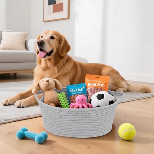 Woven Basket with Gift Bags and Ribbons, 14"X 10" X 6" Storage Basket Grey | Gift Storage Organizer Basket Bin Shelf Shelves Cotton Rope Basket for Nursery, Pet Toys