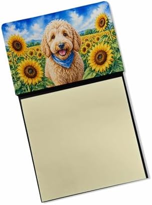 Caroline's Treasures Goldendoodle in Sunflowers Watercolor Sticky Note Holder Refillable Dispenser Desk Accessory 3x3 Pad Gift