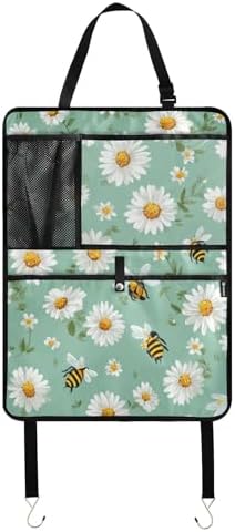 1 Pack Back Seat Car Organizer with Storage Pockets Kick Mats Back Seat Protector Hanging Car Organizer Automotive Seat Back Cover Organizers Mint Green Daisy Flowers and Bees