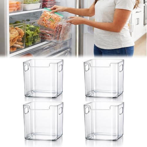 Crystal Clear Freezer Storage Bins, Clear Plastic Bins Stackable Pantry Drawer Plastic Organizers Containers with Handle for Refrigerator Fridge Cabinet Kitchen Countertops Cupboard (Clear S, 4Pcs)