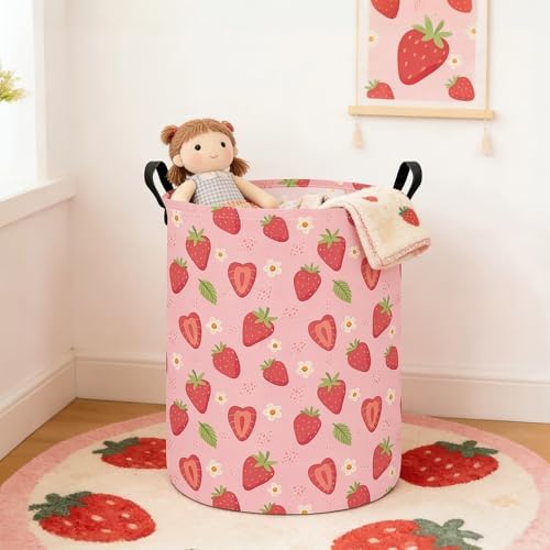 Round Laundry Basket Collapsible Storage Hamper Flower Strawberry | Waterproof Canvas Foldable Baskets with sturdy Handles Multi-scene Organizer for Home Play Bedroom Gift Bin