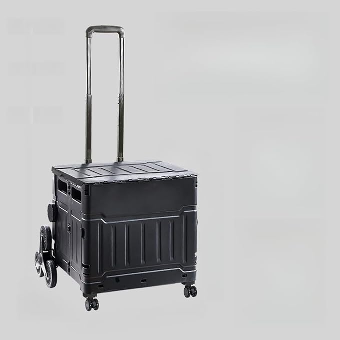 Collapsible Shopping Box Trolley on Wheels with Lid,75L Large Capacity Folding Portable Rolling Crate Handcart with Telescopic Handle for Camping (Black,Eight Wheel Medium)