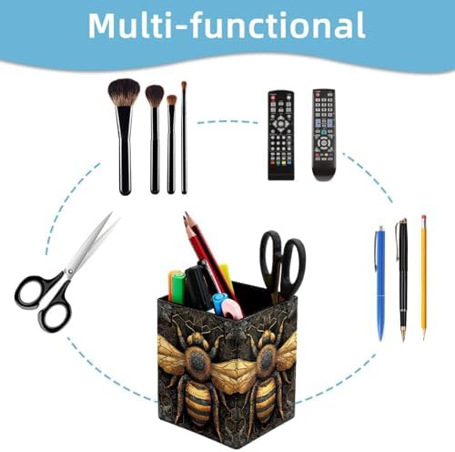 Artistic Bee Pen Holder for Desk Decor, Rectangular PVC Leather Pencil Cup for Desk Pen Organizer, Makeup Brush Holder for School, Home, Office
