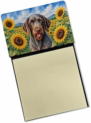 Caroline's Treasures German Wirehaired Pointer in Sunflowers Watercolor Sticky Note Holder Refillable Dispenser Desk Accessory 3x3 Pad Gift