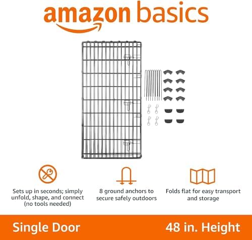 Amazon Basics Foldable Metal Indoor/Outdoor Dog Playpen, Octagonal Exercise Pen, Single Door, 8 Panels, 48 Inch Tall, X-Large, 60 x 60 x 48 Inches, Easy to Assemble, Black