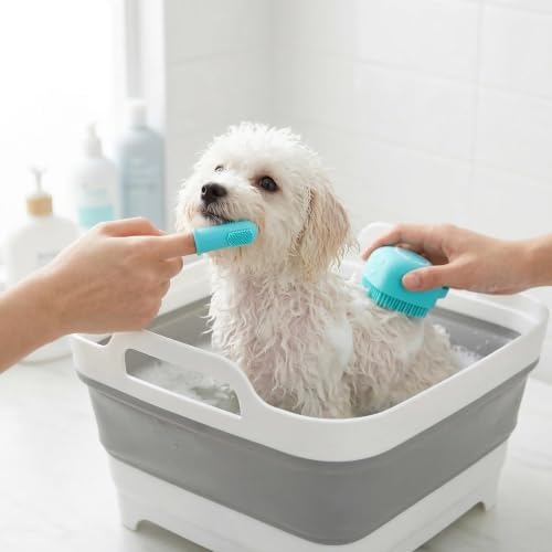 9L Collapsible Pet Bath Tub for Small Puppy Kitten & 28"x20" Absorbent Non-Slip Dog Grooming Mat, Foldable Portable Shower Tub & Soft Washable Grooming Pad for Toy Small Dogs Indoor Outdoor