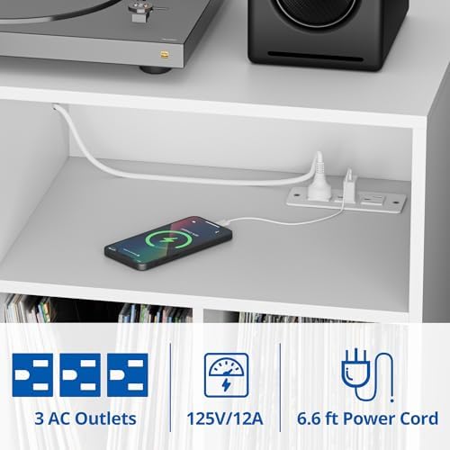 Cozy Castle Record Player Stand with Vinyl Storage Cabinet, Wood Turntable Table Open Shelf Holder Up to 350 Albums Cube Storage Organizer for Living Room, Office, White