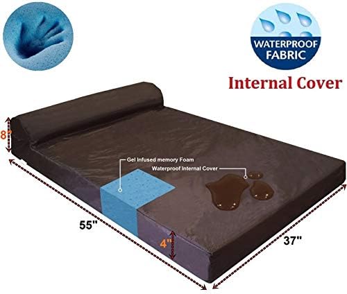Dogbed4less Premium HeadRest Pillow Orthopedic Cool Memory Foam Dog Bed for Large Dogs, Waterproof Lining with Washable Denim Brown Cover, XXL 55X37X4