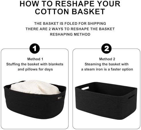 OIASKET Large Storage Basket for Organizing, Woven Rope Basket for Shelves, Closet Organizer Bins for Clothes, Blanket, Toys, Baby Nursery Storage, 17.7" x 13" x 7.87", 2 Packs Black