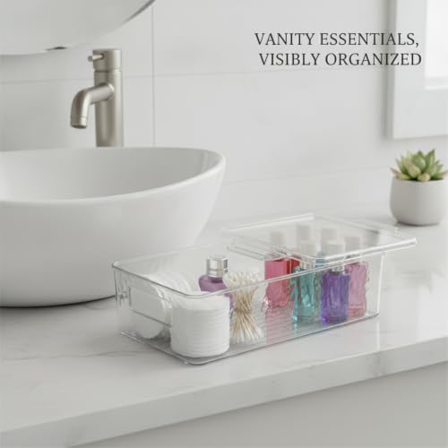Clear PET Storage Box with Handle & Lid, 10.3 x 6.1 x 3.0 Inch Transparent Organizer for Bathroom Vanity, Desktop, or Shelf (1 Pack)