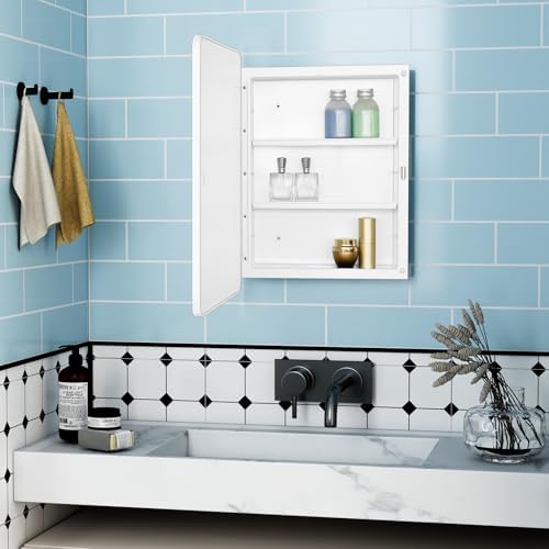 White 16x22 Medicine Cabinet, Bathroom Mirror with Adjustable Storage Shelf | White Bathroom Wall Cabinet with 2 Adjustable Plastic Shelves, Reversible Door; Pre-Assembled for Recessed/Surface Mounting