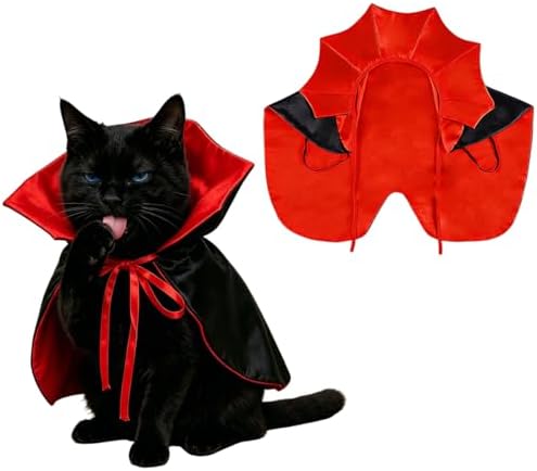 Halloween Vampire Cape Costume for Small Medium Pets, Black and Red Cloak with Collar, Cat Dog Dress Up Accessory