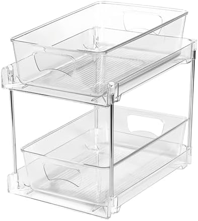 Two Tier Under, Pull Out Organizer, Sliding Cabinet Shelf | Vanity Organizer for Laundry Room Pantry Vanity Office Home Apartment Cleansing Supplies Cosmetics
