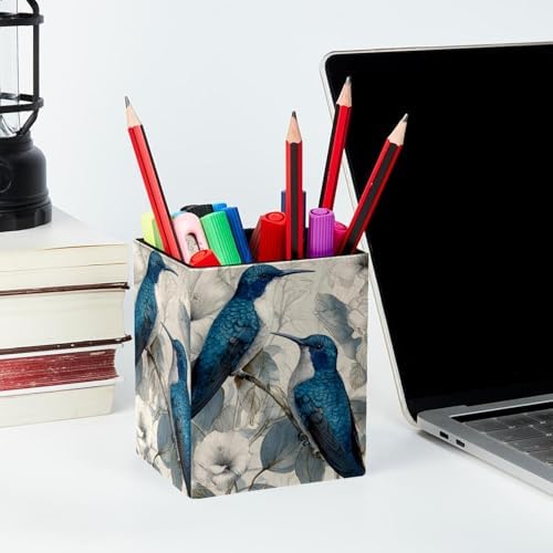 Hummingbird Pen Holder for Desk Decor, Rectangular PVC Leather Pencil Cup for Desk Pen Organizer, Makeup Brush Holder for School, Home, Office