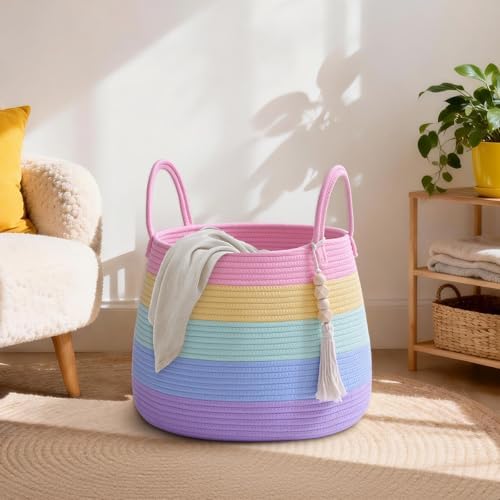 Large Nursery Hamper, 30L Blanket Basket with Handle, Baby Laundry Basket for Gift, Toy, Clothes, Woven Storage Basket with Wooden Bead Decor, Baby Hamper for Nursery (Black&Brown)