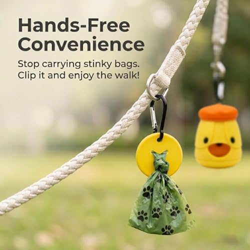 Dog Poop Bag Holder with Hands-Free Used Bag Clip & 1 Roll Bags | Cute silicone design with leash attachment and hands-free clip, making dog walking cleaner and more convenient outdoors