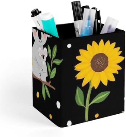 Pen Holder Square Desktop Organizer Pencil Cup For Desk, Office, Home And Stationary Supplies Cute Koala Black Yellow Sunflower