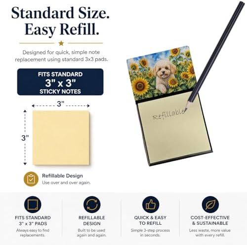 Caroline's Treasures Maltipoo in Sunflowers Watercolor Sticky Note Holder Refillable Dispenser Desk Accessory 3x3 Pad Gift