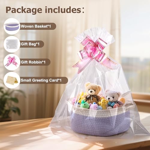 Small Woven Basket, 12" x 8" x 5" Gift Basket Empty with Ribbon and Gift Bag, Rope Basket for Baby Shower, Holiday Presents,Storage Basket with Handle for Nursery,Pet Toy Basket (White-Purple)