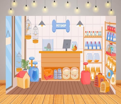 BELECO 8x6ft Fabric Cartoon Pet Shop Backdrop Pet Store with Doghouse Birds Cage Fish Tank Animals Food Photography Background Pet Party Decorations Kids Children Portrait Photoshoot Studio Props
